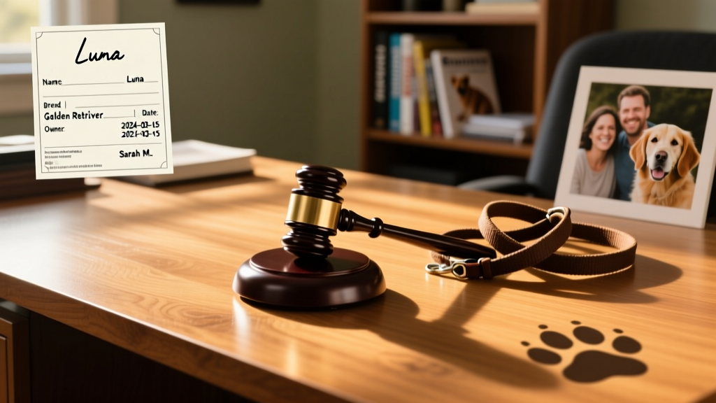 Judge’s gavel beside a dog leash and veterinary invoice on a wooden desk