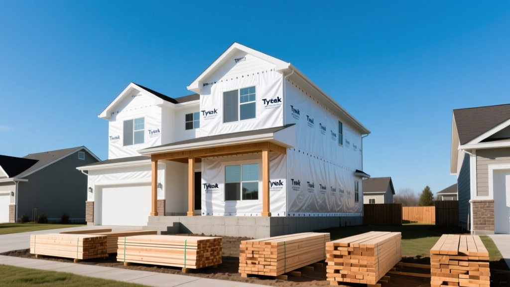 Newly framed two-story suburban house with Tyvek wrap, organized lumber stacks, and concrete foundation under clear sky.