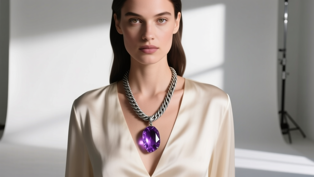 Model wearing a 32-inch oxidized silver cable chain with a raw amethyst pendant over a cream silk blouse in soft studio lighting.
