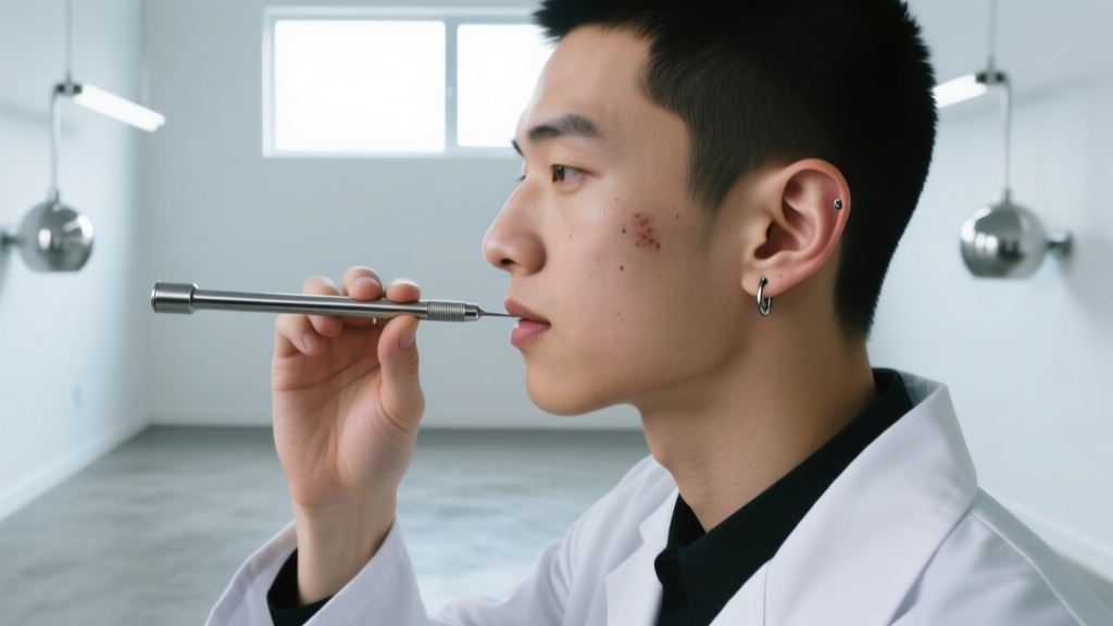 Professional piercer using a sterilized steel taper to gently stretch a shrinking earlobe fistula in a clean, modern studio space