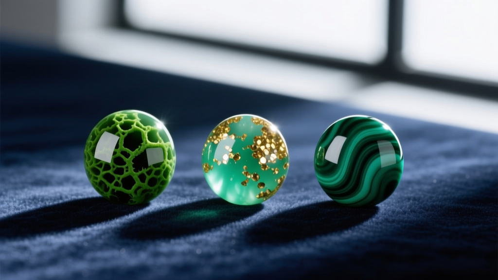 Macro comparison of moss agate, green aventurine, and malachite beads on velvet, showing distinct textural and color differences.