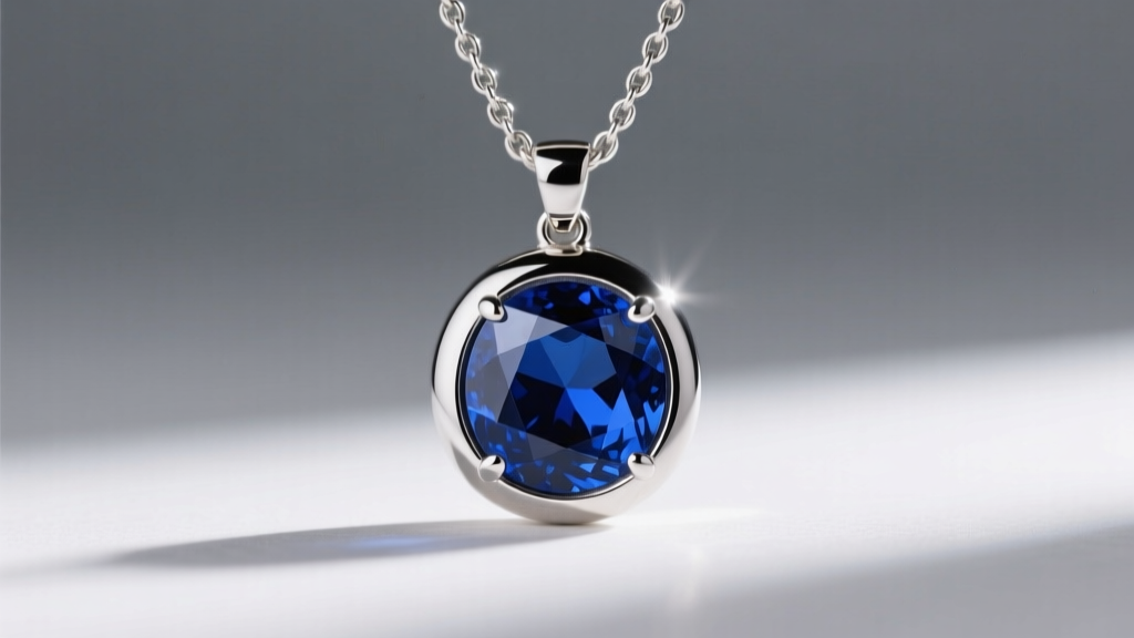 Close-up of a bezel-set sapphire pendant on a platinum chain, highlighting the deep blue color and the secure polished metal edges