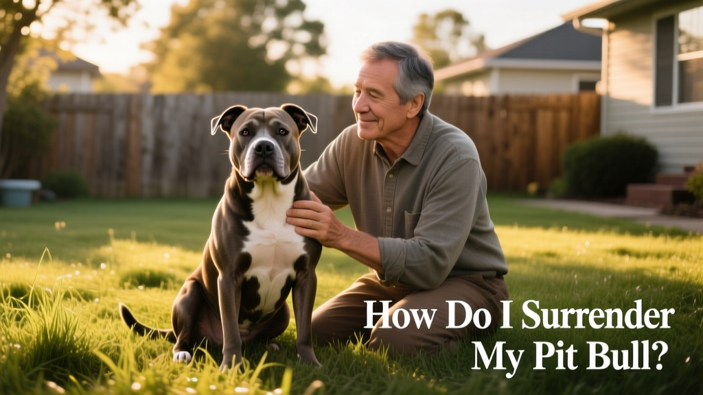 A calm, well-groomed pit bull sitting beside a caring owner on a grassy yard
