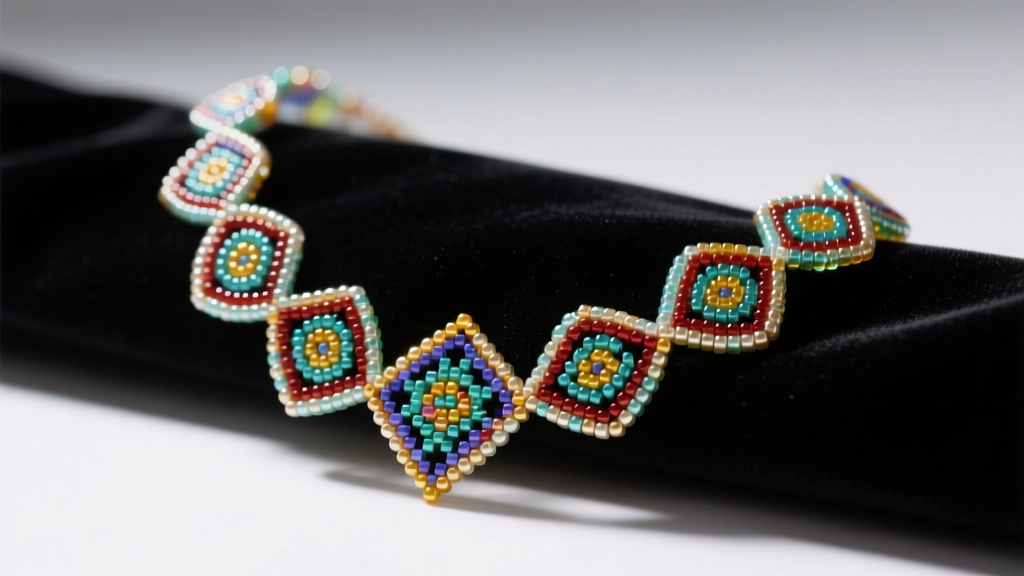 Vibrant Miyuki glass seed bead necklace resting on dark velvet under soft studio lighting, showing intricate geometric patterns.