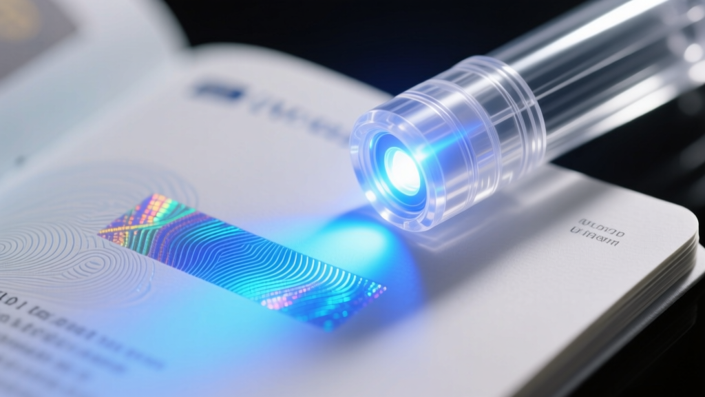 Close-up macro shot of a transparent polycarbonate UV flashlight illuminating a hidden security thread on a modern passport page