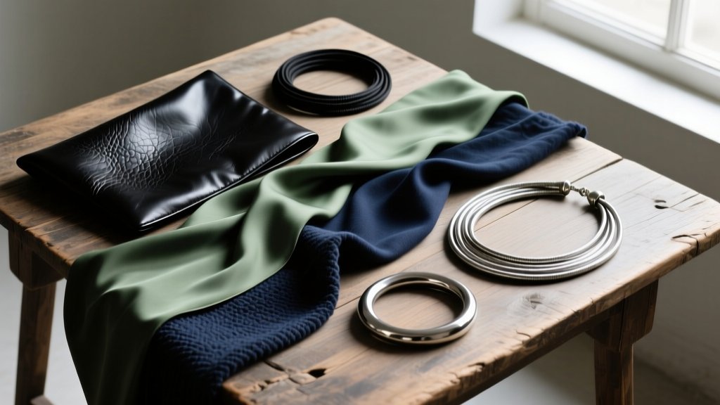 Overhead flat lay of black leather, sage silk, navy waxed cotton, and metallic nylon necklace cords arranged on a rustic wood table