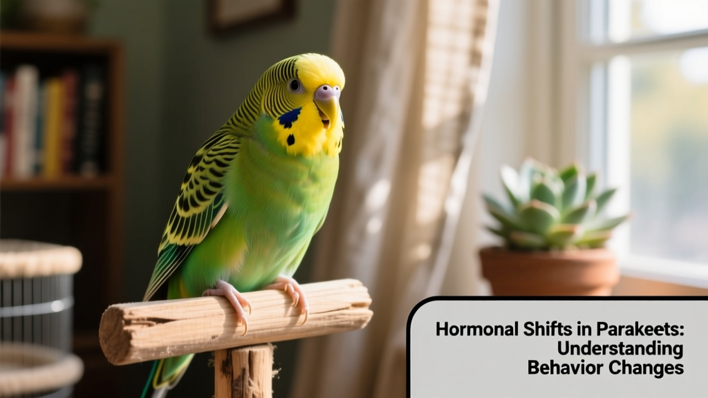 Close-up of a healthy adult budgie perched calmly on a natural wood perch