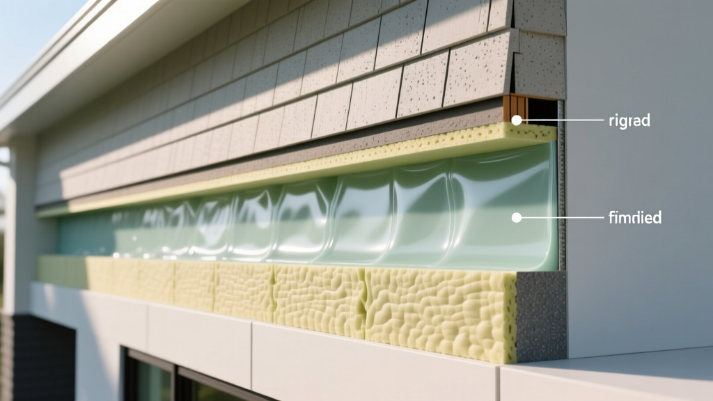 Cross-section diagram of a modern exterior wall assembly showing continuous insulation, fluid-applied membrane, and fiber cement siding