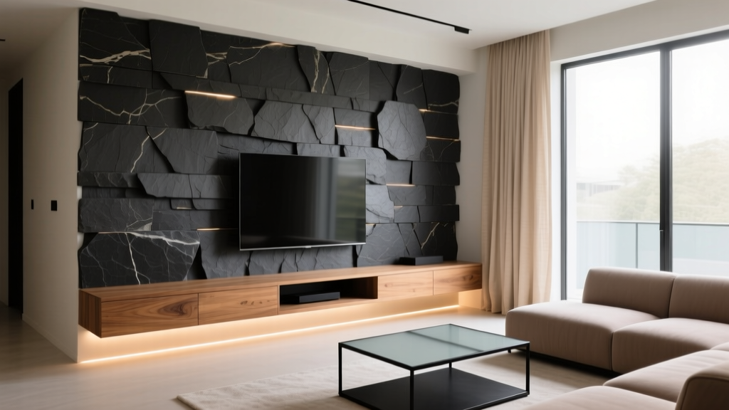 Sleek modern living room featuring a dark charcoal stacked glue on stone veneer accent wall behind a minimalist floating oak media console