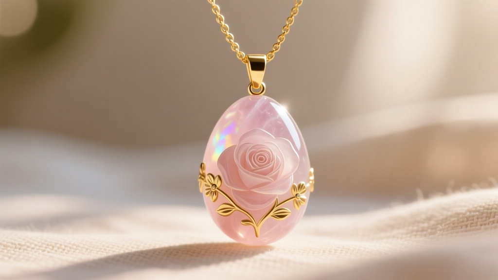 Carved rose quartz egg pendant on a delicate gold chain against a blurred natural linen background in bright soft daylight