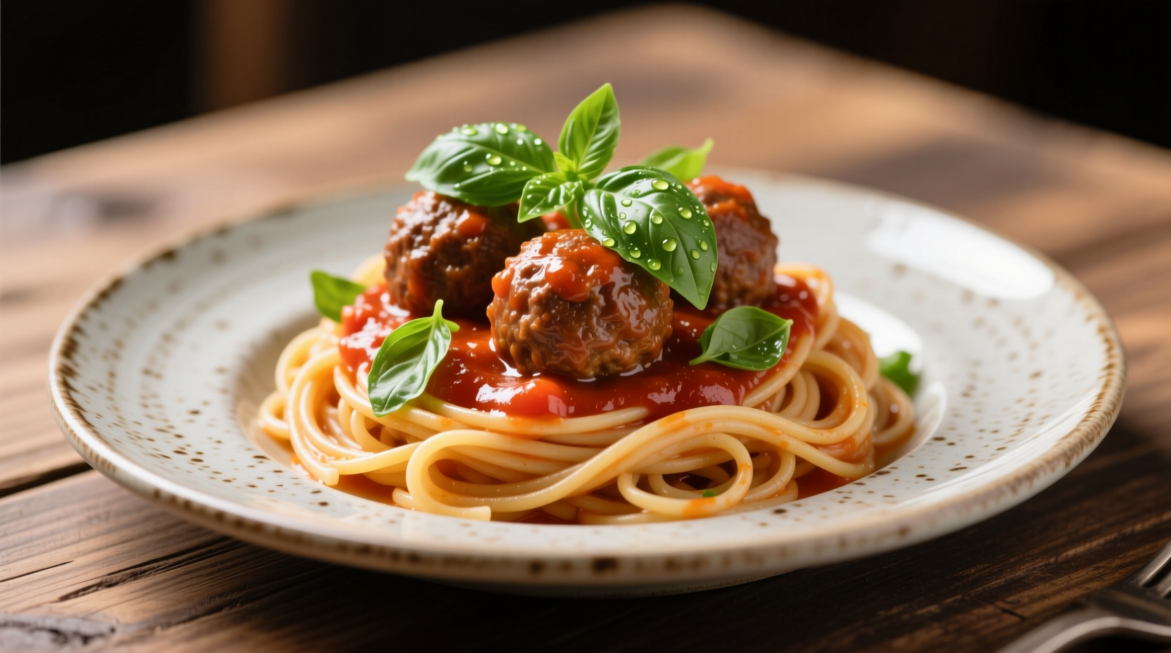Perfectly plated spaghetti and meatballs with fresh basil