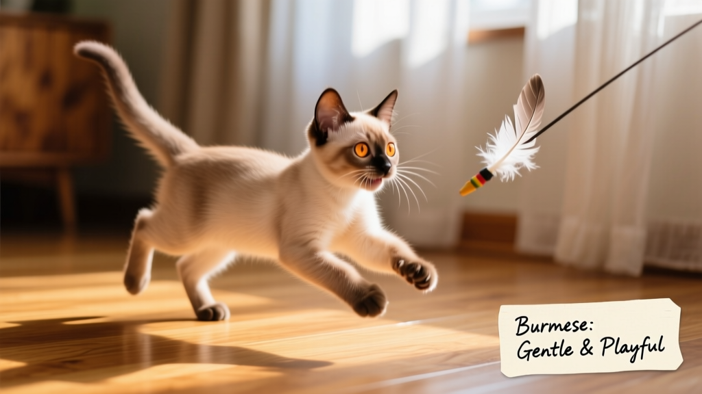 A playful Burmese kitten chasing a feather toy across a hardwood floor