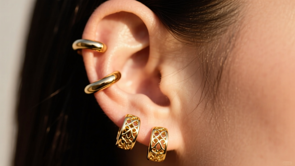 Macro shot of an ear with stacked 14k gold ear hugger earrings on the lobe and a seamless titanium helix cuff in warm light.