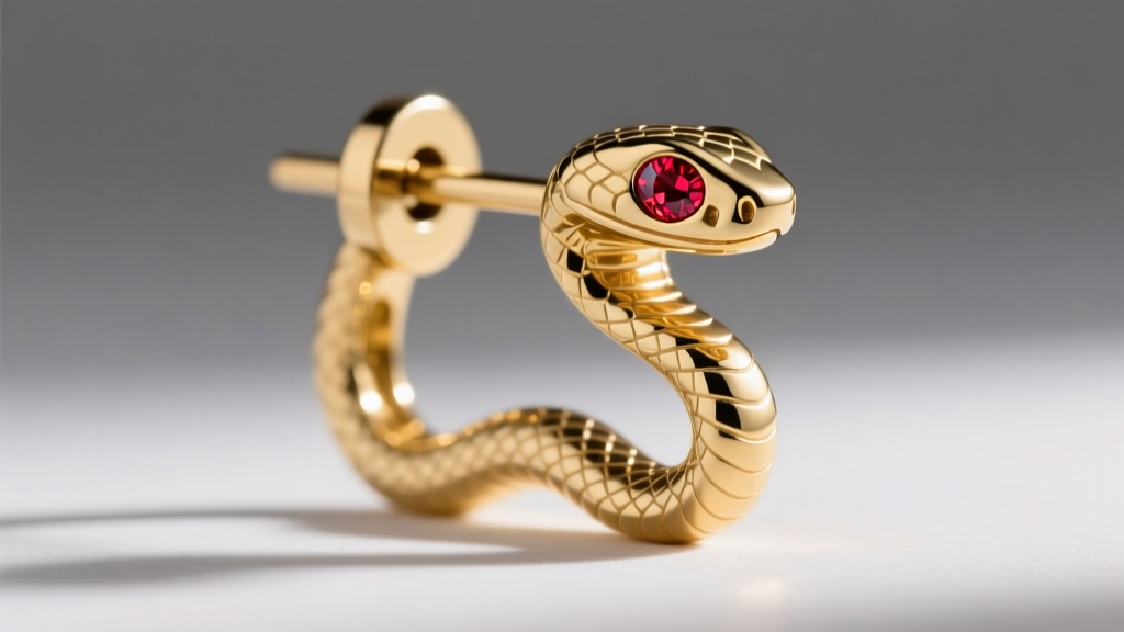 Macro shot of an 18-gauge gold snake earring post, highlighting the secure friction back and a detailed ruby gemstone eye inlay