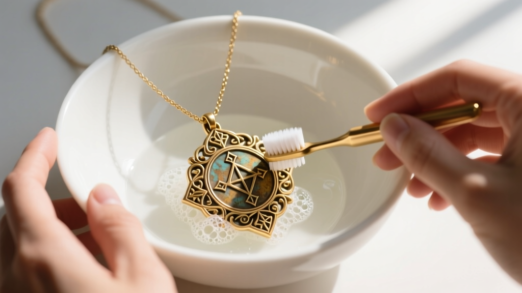 Hands cleaning a brass fantasy medallion necklace with a soft toothbrush and mild soapy water inside a small white ceramic bowl.