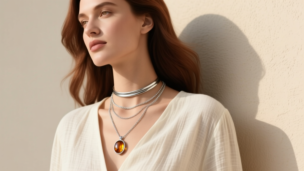 Woman wearing layered sterling silver amber necklaces, 16-inch choker and 20-inch pendant, against a cream linen blouse.