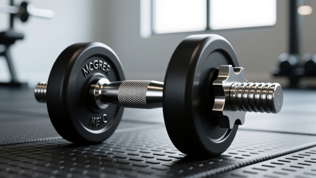 Close-up of a specialty McGregor dumbbell resting on a rubber gym floor, highlighting its unique knurled steel handle and mechanical locking collar
