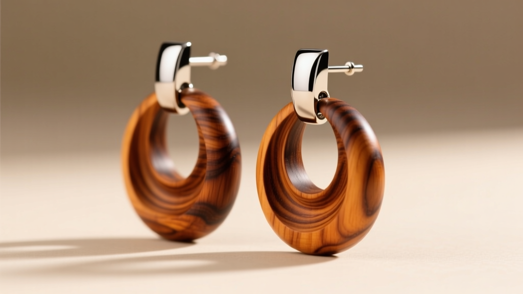 Side profile of hand-carved mahogany wood statement earrings showing the natural grain texture and a polished stainless steel post