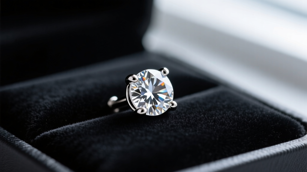 Macro shot of an 8mm round diamond stud earring in a platinum four-prong setting resting on a dark velvet jewelry display tray.