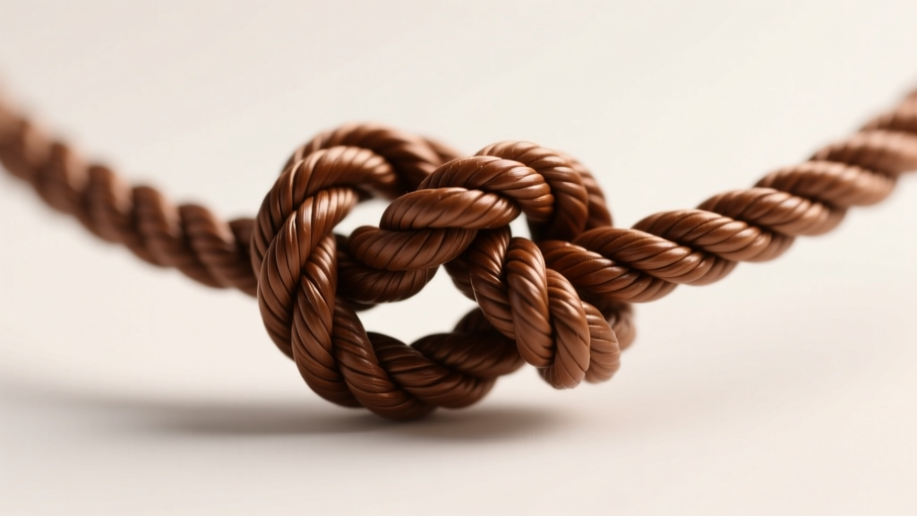 Macro view of a brown waxed cotton sliding knot on a necklace, showing tight cord wraps and woven texture under studio lighting.