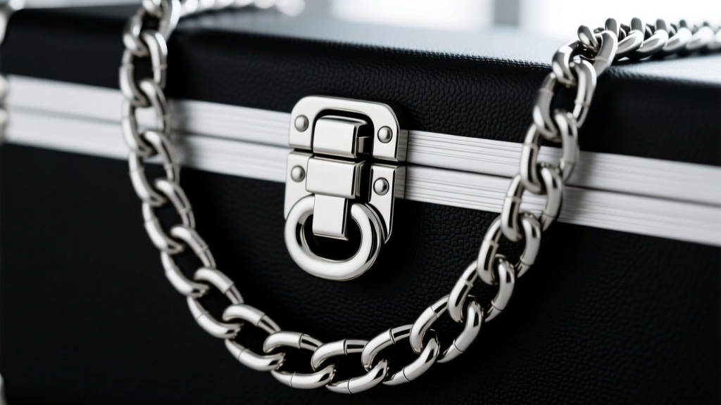 Close-up of a heavy-duty stainless steel box clasp with a figure-8 safety latch engaged on a thick, solid mens chain necklace.