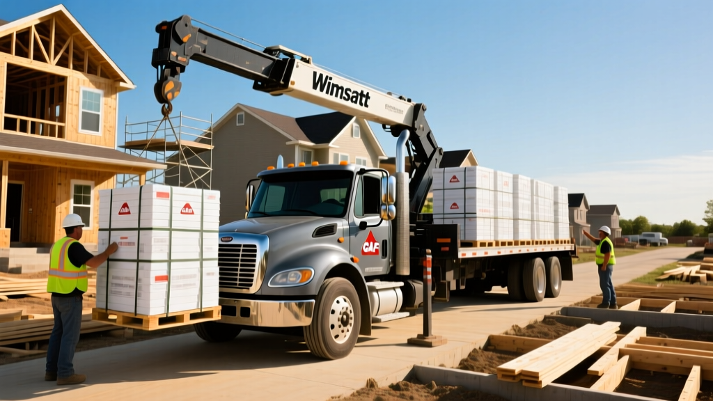 Wimsatt boom truck delivering GAF shingles and siding pallets to a residential construction site in Saginaw Michigan
