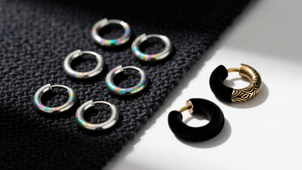 Flat lay of 16-gauge oxidized silver cartilage hoops and blackened brass huggies on a dark textured tweed fabric background.
