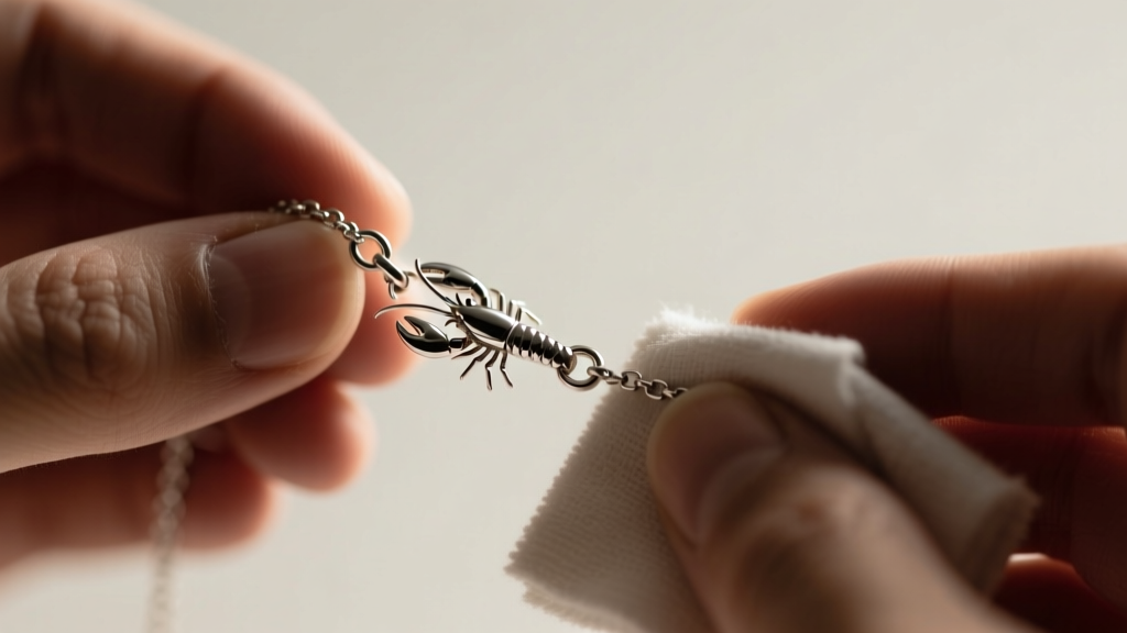 Hands polishing a silver cremation necklace chain with a soft cloth, focusing carefully on the delicate lobster clasp mechanism.