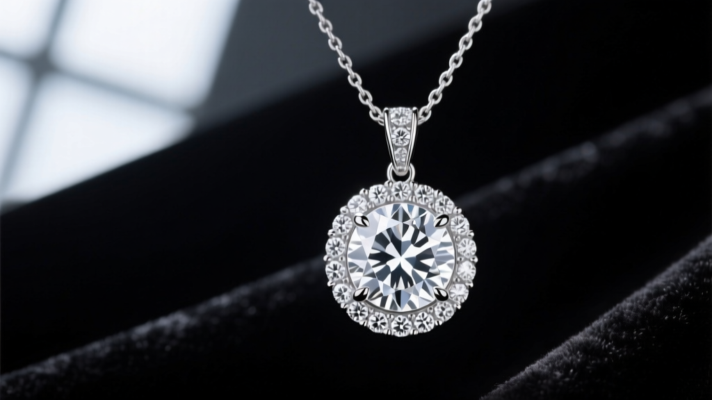 Macro shot of a 50-carat Type IIa diamond pendant necklace on dark velvet, highlighting the platinum pavé setting.