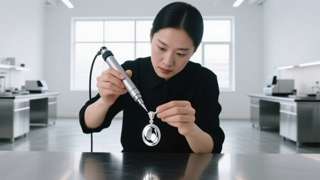 Jeweler applying a microscopic rhodium layer to a white gold pendant with an electroplating wand in a bright modern workshop area