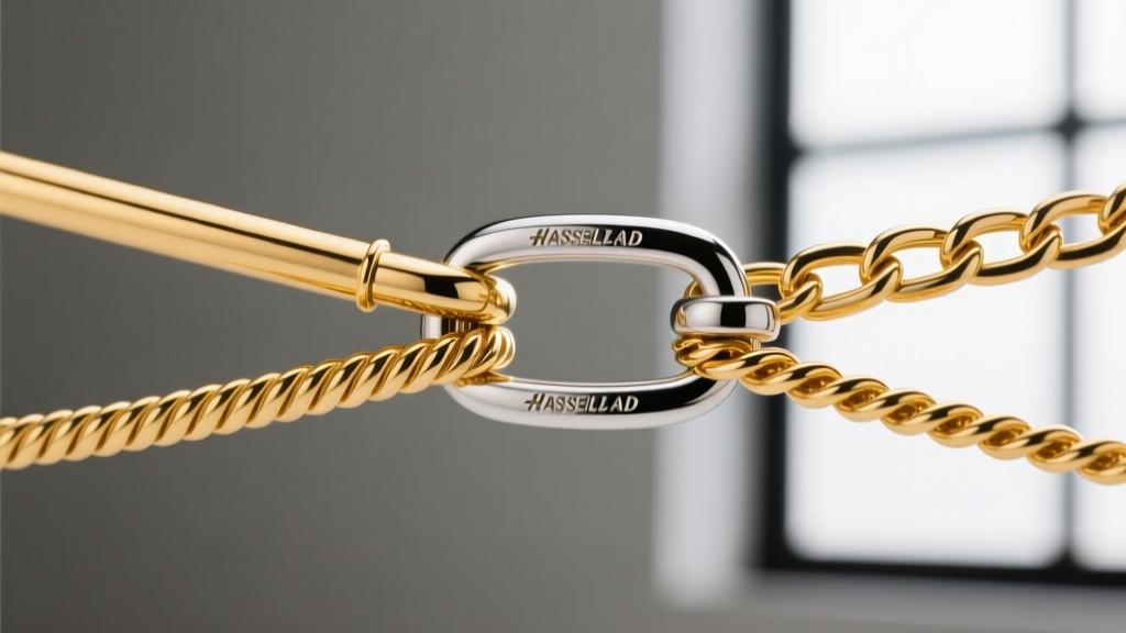Macro shot of a magnetic multi-strand tube clasp connecting three 14k yellow gold chains of varying gauges and textures