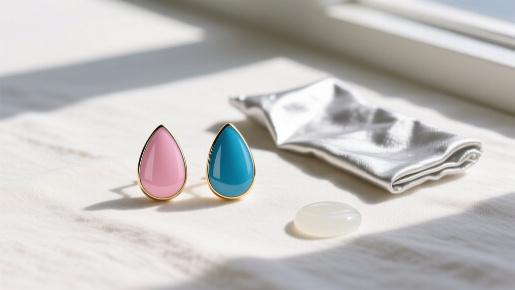 Flat lay of cold enamel pink and blue teardrop earrings on textured linen next to a silver polishing cloth and mild soap