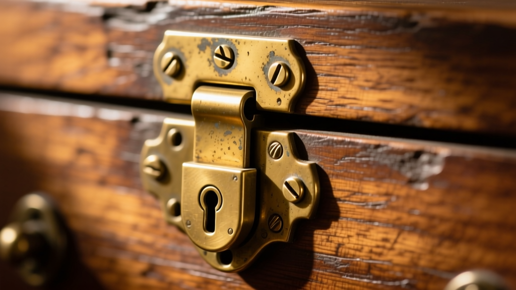 Macro photography of antique brass piano hinges and a working lock mechanism on the back edge of a wooden jewelry chest