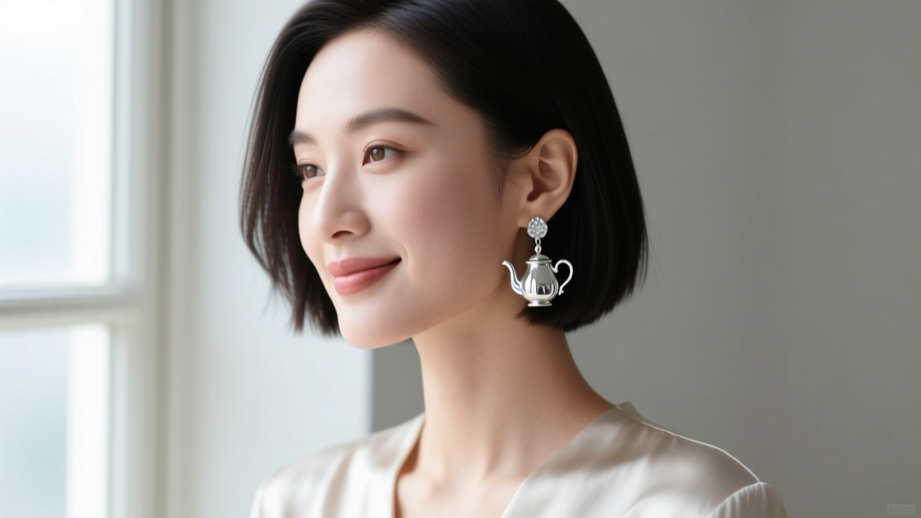 Portrait of a woman with a bob haircut wearing delicate silver teapot drop earrings, looking slightly off-camera with a soft smile.