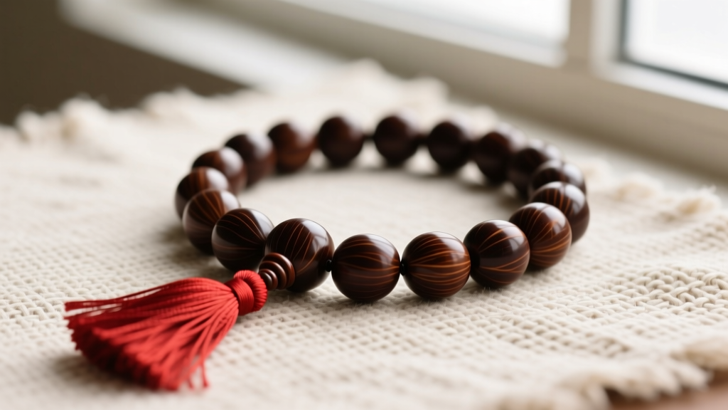 Dark Bodhi seed Buddhist prayer beads necklace with a red silk tassel resting softly on natural woven linen fabric background.