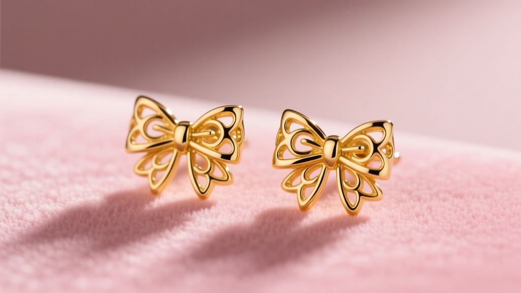 Macro shot of delicate 14k yellow gold bow stud earrings resting on blush pink velvet, soft studio lighting, highly detailed