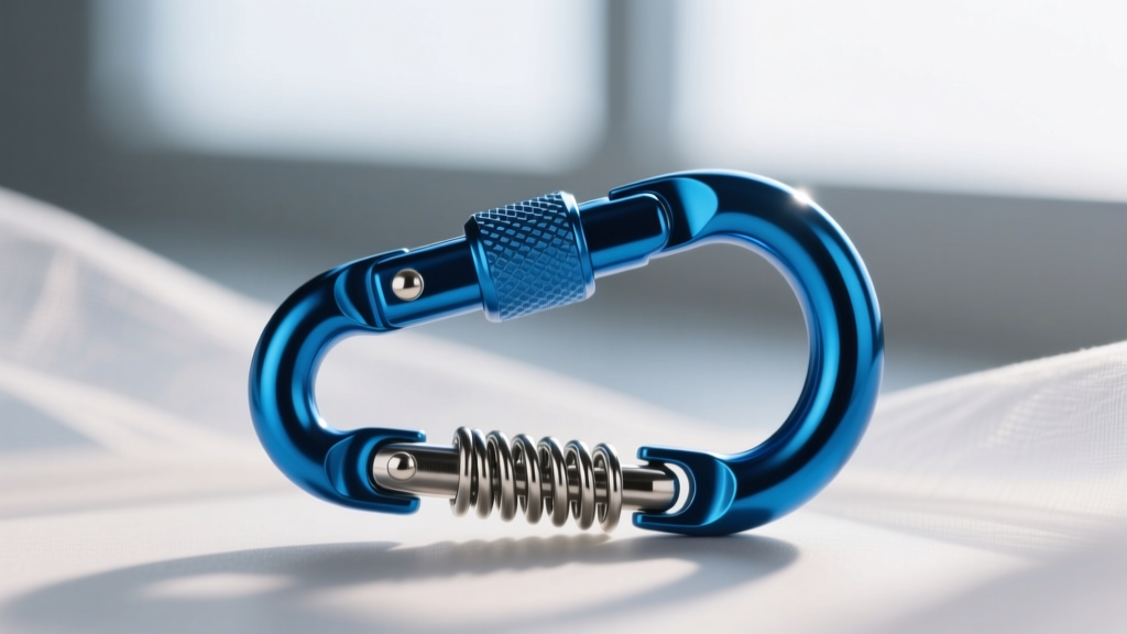 Close-up of an anodized blue aluminum carabiner jewelry clasp showing the internal steel torsion spring and hinge pin mechanism