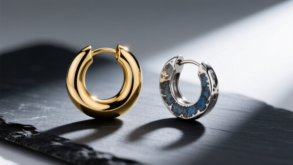 Macro shot comparing a polished 14k gold huggie hoop and an oxidized sterling silver earring resting on a dark slate surface.