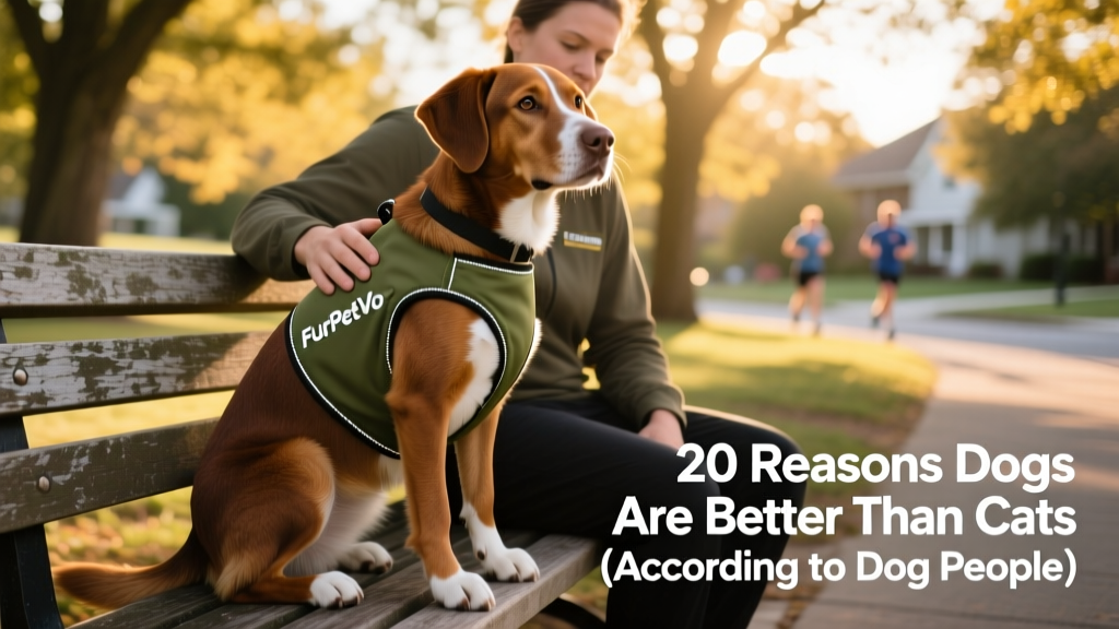 A calm, attentive service dog sitting beside its handler on a park bench, wearing a FurPetVo-branded vest