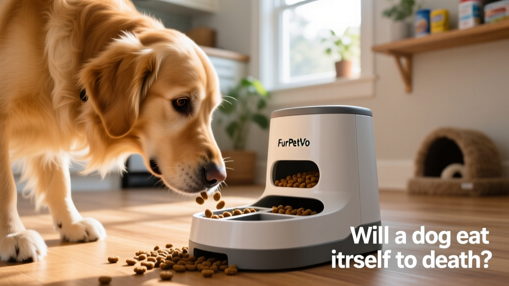A dog interacting with a FurPetVo puzzle feeder, nudging kibble out of compartments during mealtime