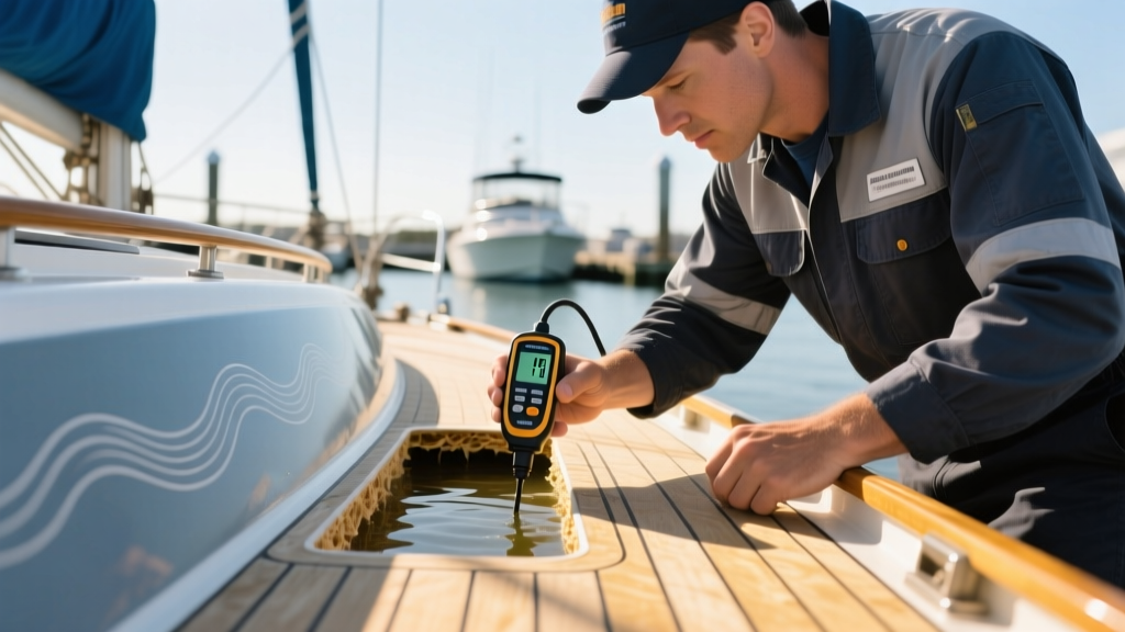 Marine technician scanning a fiberglass boat deck with a moisture meter to detect hidden water intrusion in the balsa core.