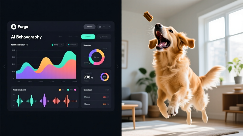 A split-screen view from a Furbo 360 pet camera showing AI-generated behavior analytics, bark detection logs, and a dog catching a tossed treat in mid-air.