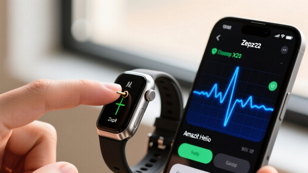 User pressing the titanium side electrode of the Amazfit Helio Strap with their index finger while the Zepp app records an ECG.