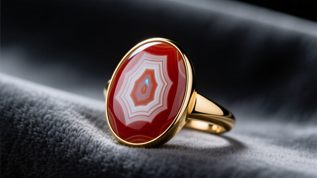 Close-up of a polished Fairburn agate cabochon with red and white banding, set in a gold bezel ring on dark gray velvet fabric