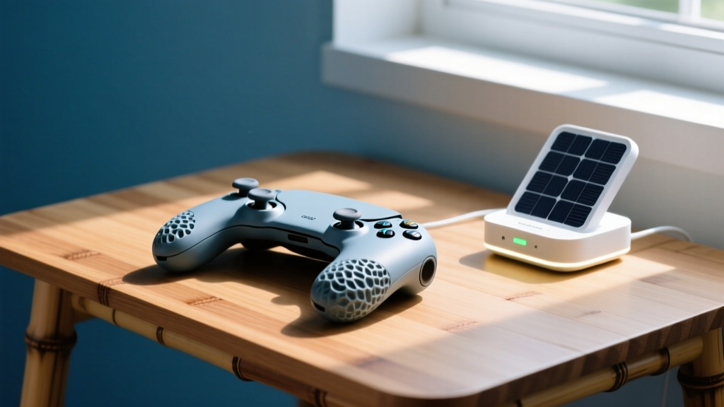 A pair of VR controllers with matte finishes made from recycled ocean plastics, sitting next to a solar-powered charging dock on a bamboo desk.