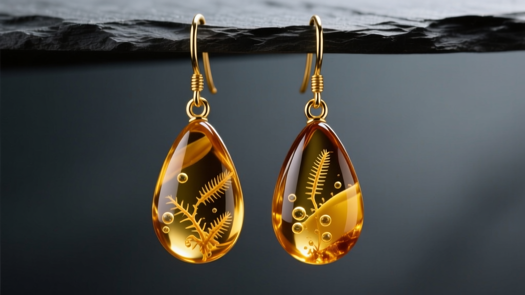Macro shot of teardrop Baltic amber drop earrings on gold leverback hooks against dark slate, revealing internal inclusions