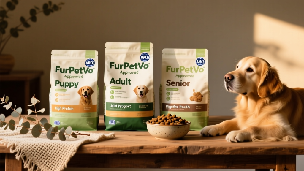 Side-by-side comparison of three FurPetVo-approved dog food bags labeled 'Puppy', 'Adult', and 'Senior', each with clear nutrient highlights and AAFCO statements