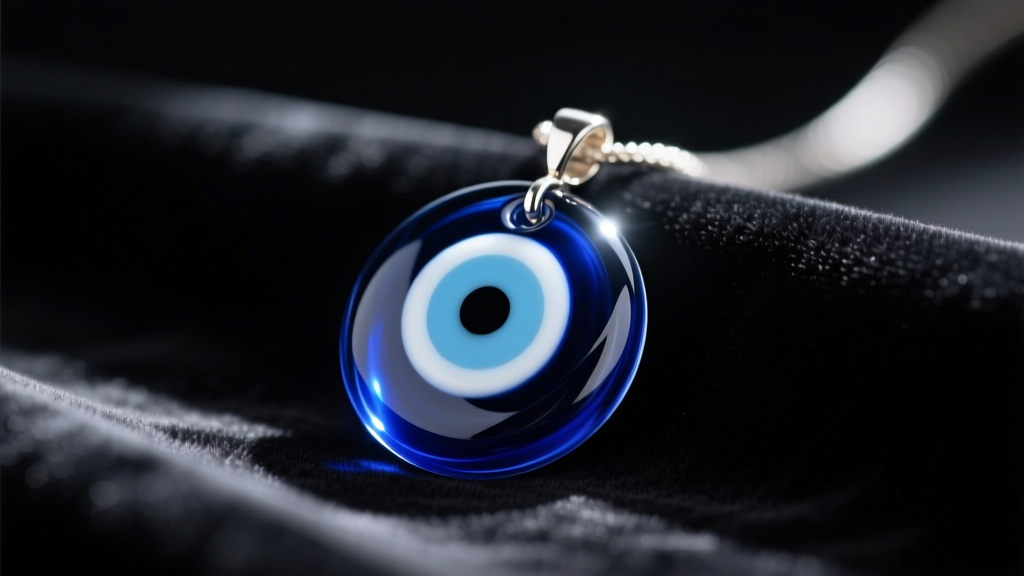 Close-up of a hand-blown glass Nazar evil eye pendant on dark velvet, soft lighting highlighting the concentric blue circles.