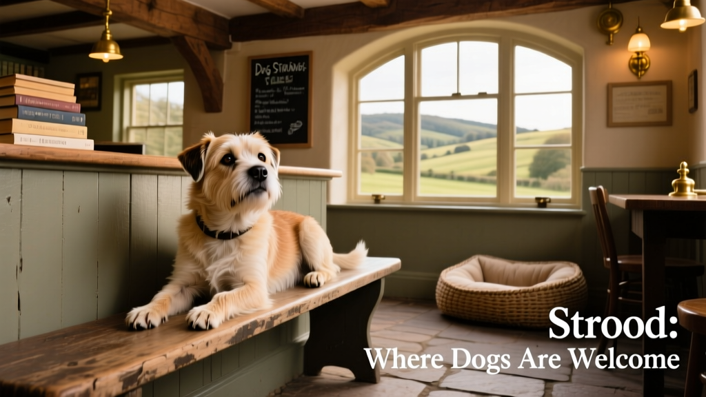 A Border Terrier relaxing happily on a wooden bench inside a rustic, dog-friendly Cotswold pub
