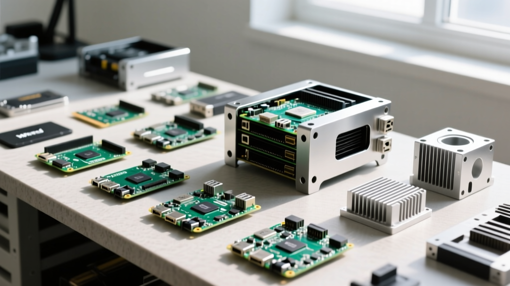 A workbench scattered with Raspberry Pi 5 boards, NVMe HATs, and aluminum heatsinks waiting for a budget cluster assembly.